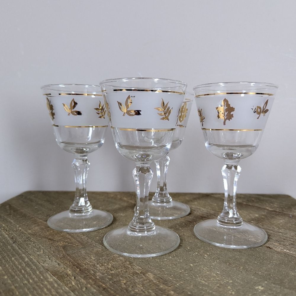 Libbey Gold Foliage Cordial Glasses Set of 4 Mid-Century